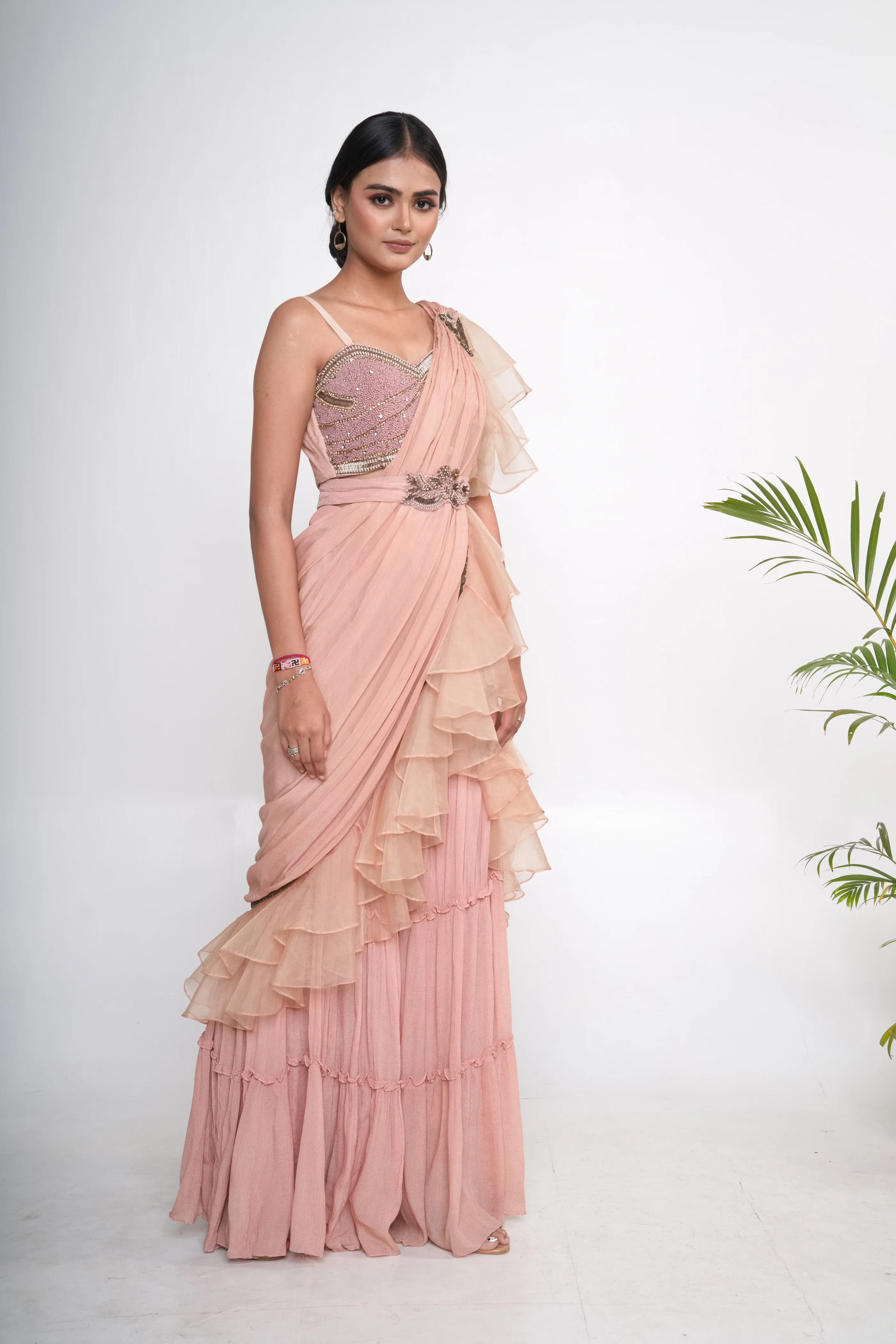 Peach Organza Embroidered Sharara Pant Saree Set - Image 8