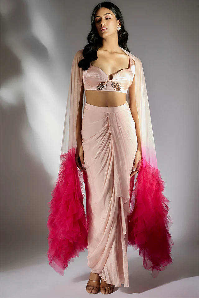 Peach Pink Embroidered Drape Skirt Set With Ombre Ruffle Dupatta