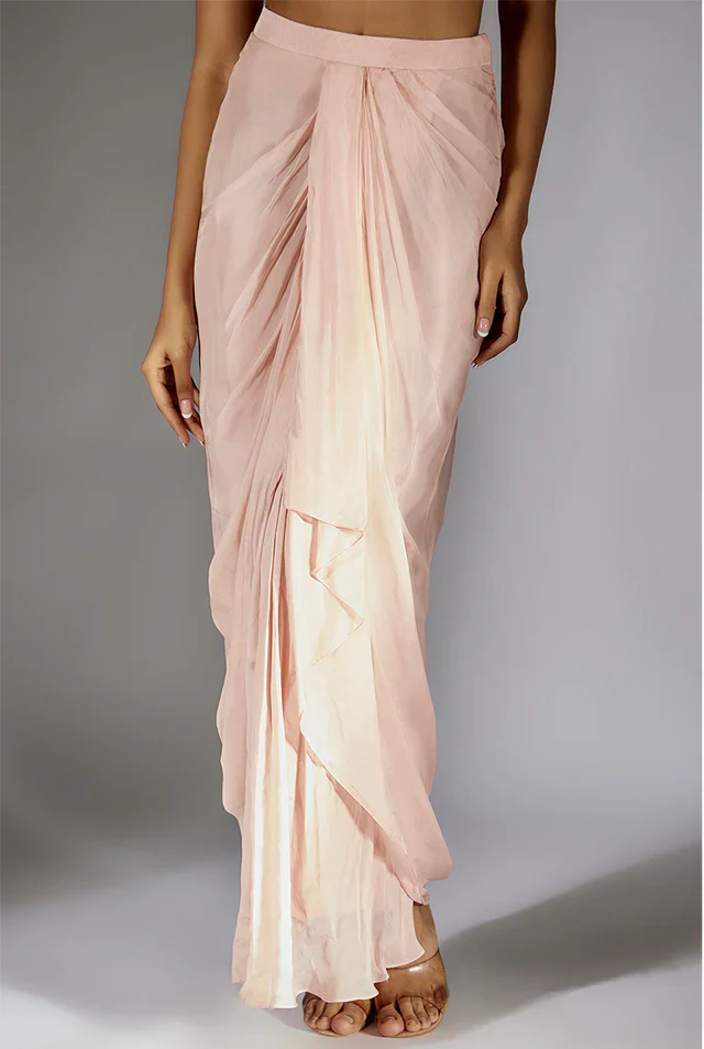 Peach Pink Embroidered Drape Skirt Set With Ombre Ruffle Dupatta - Image 3