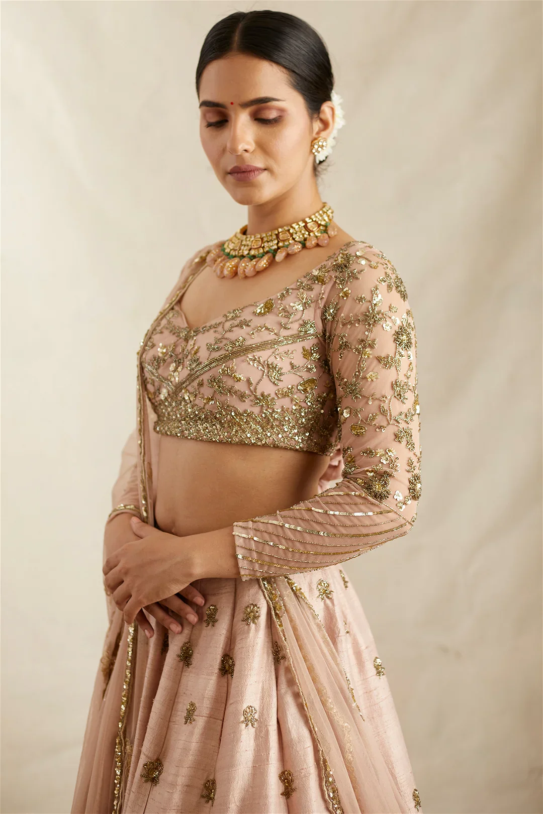 Peach Pink Raw Silk Lehenga Set - Image 3