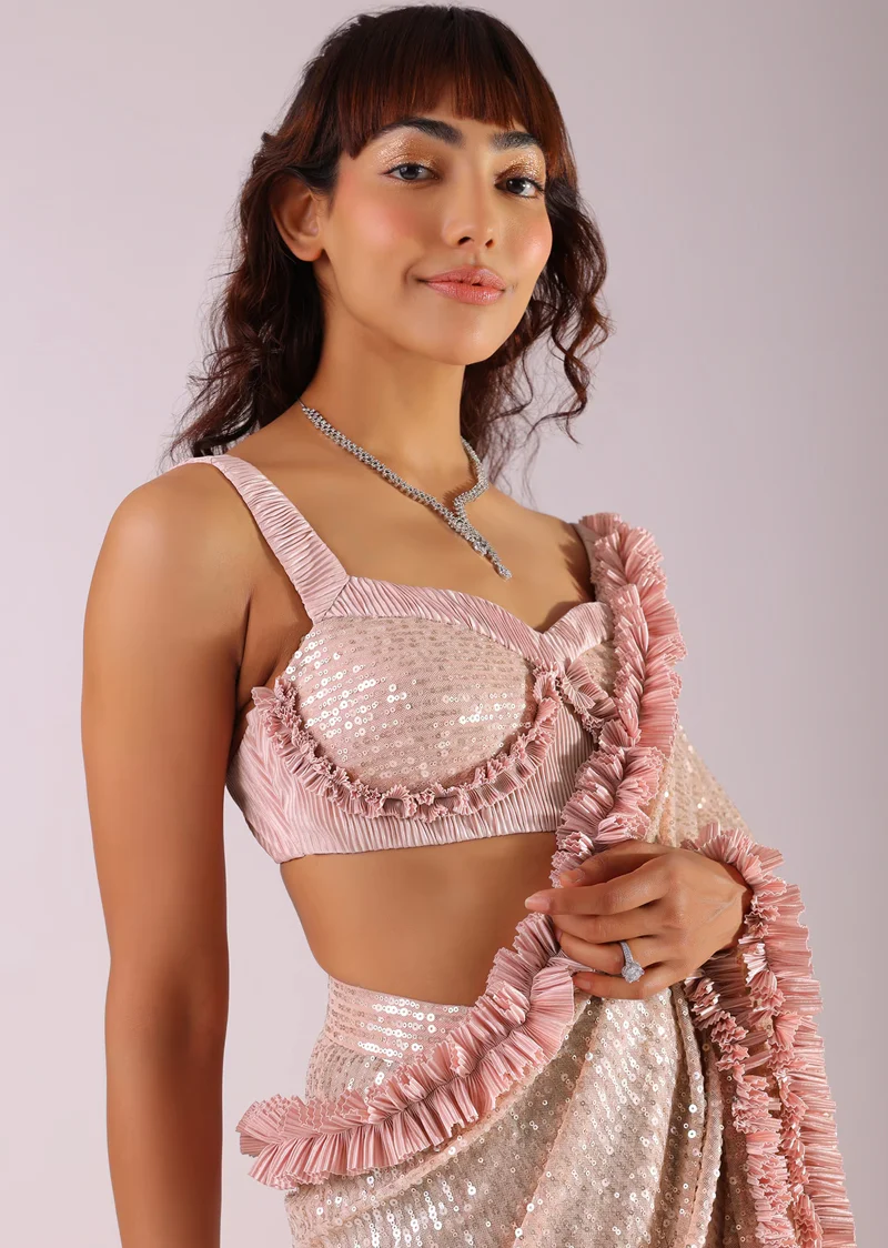Peach Pink Ready-To-Wear Sequin Saree With Ruffle Borders And Potli - Image 2
