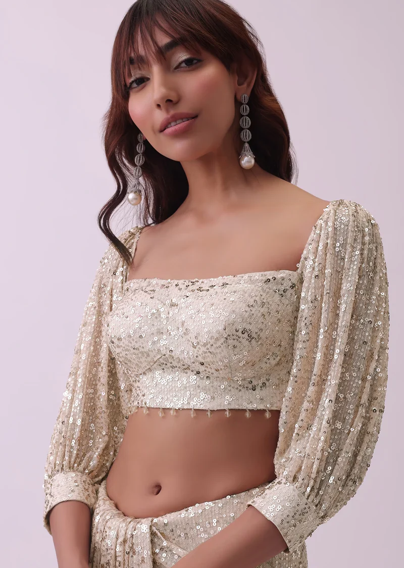 Peach Saree And Stitched Blouse With Hanging Crystals - Image 2