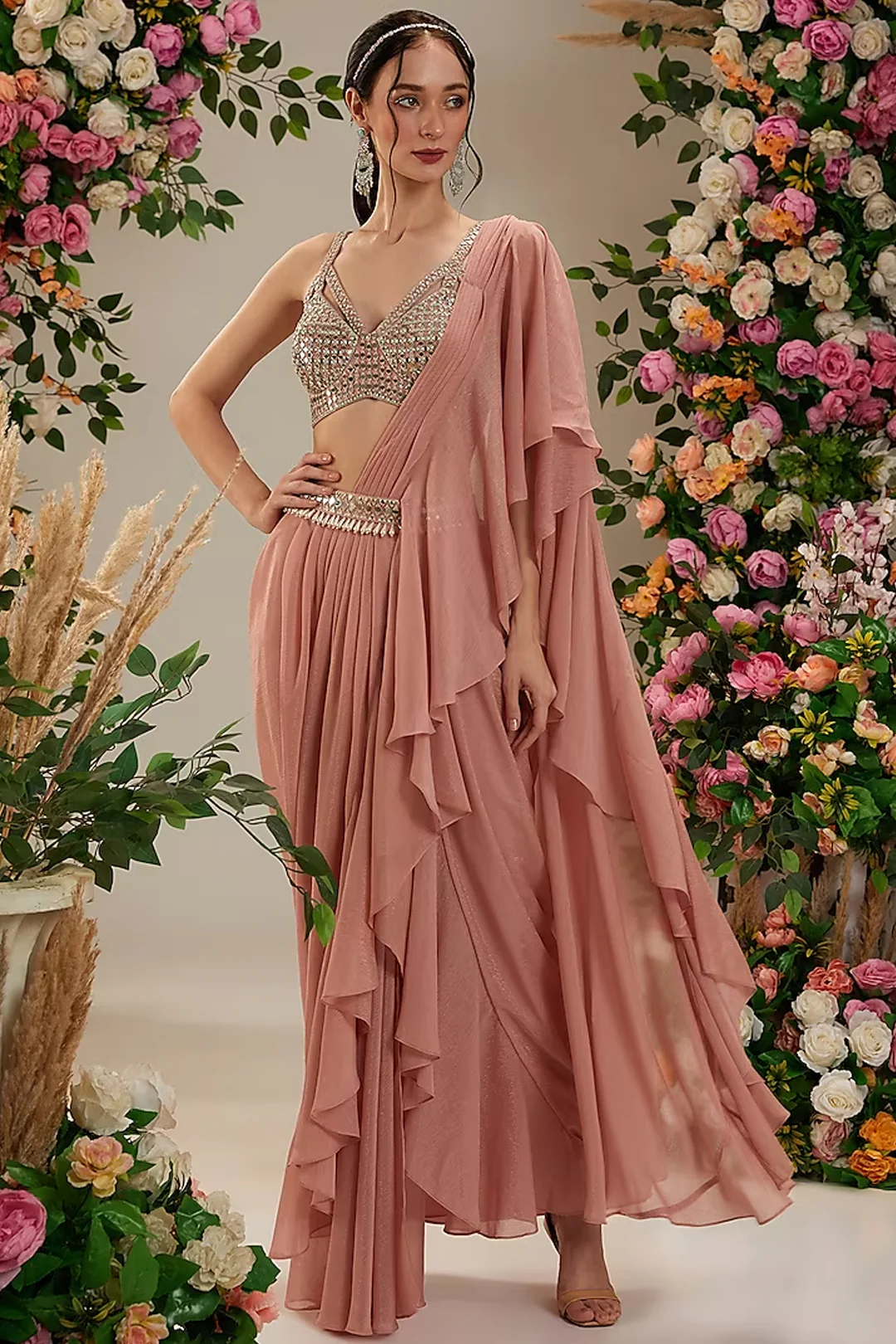 Peach Shimmer Georgette Draped Saree Set