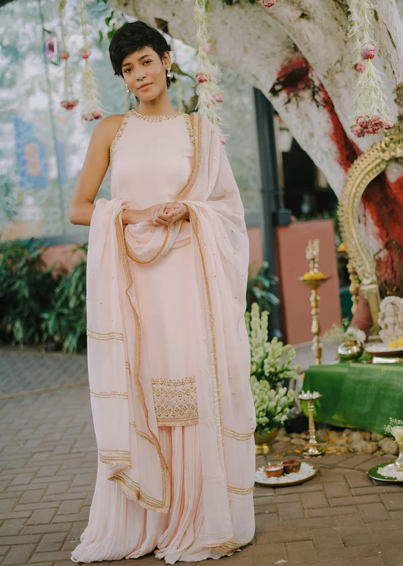 Peach Silk Sharara Set With Hand Work Detail - Image 2