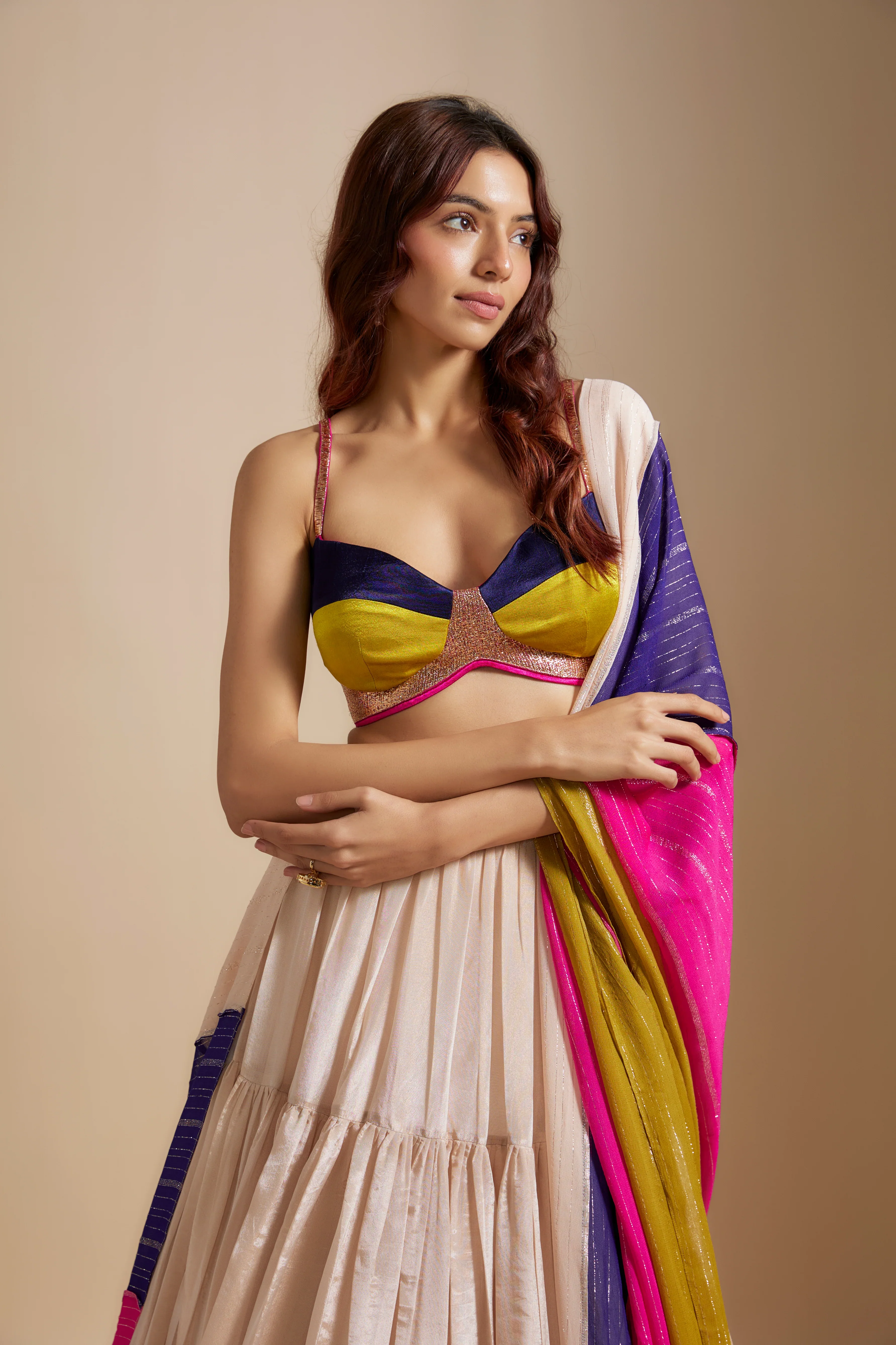 Peach Tissue Skirt With Multi- Colored Blouse With Multi-Coloured Dupatta - Image 3