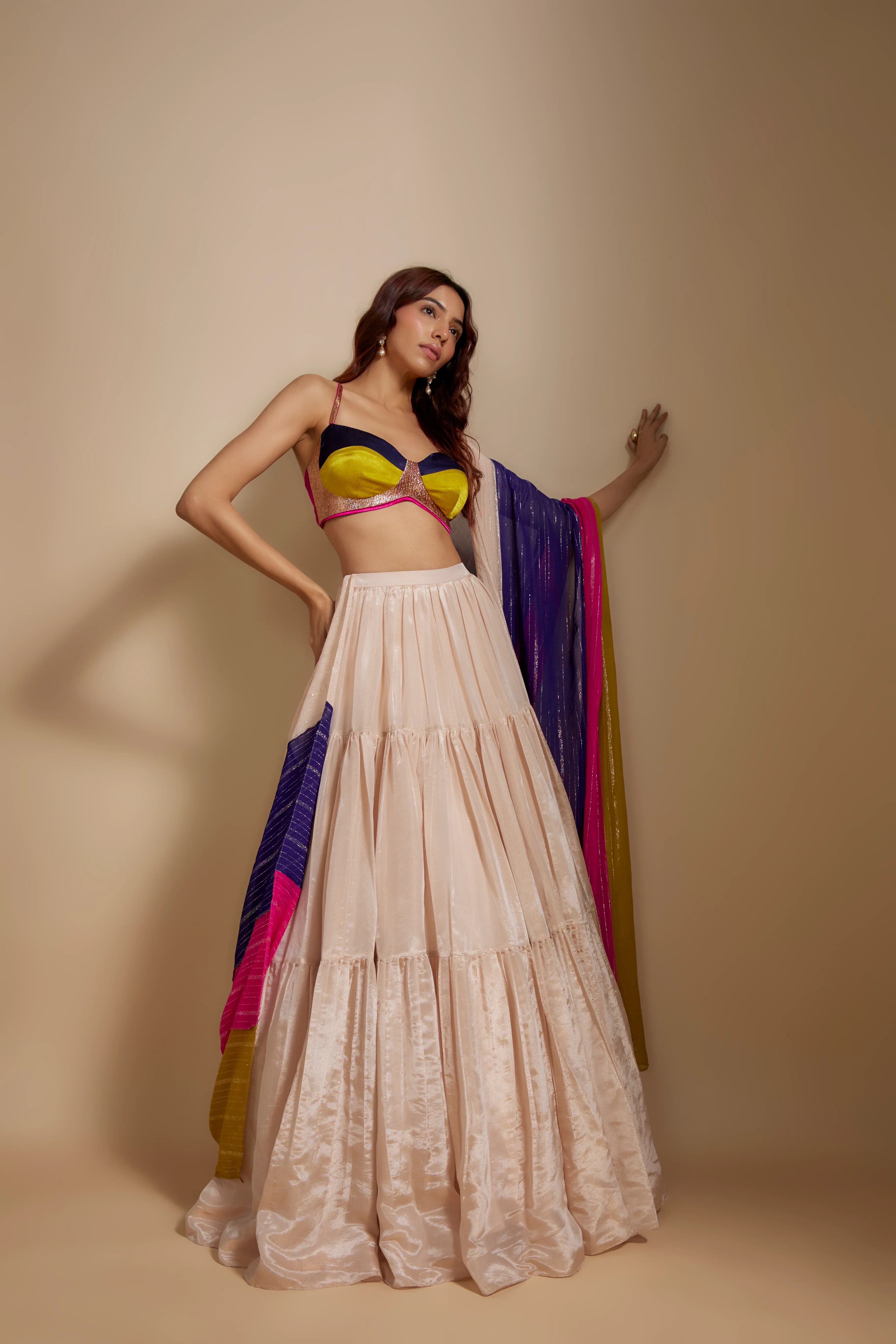 Peach Tissue Skirt With Multi- Colored Blouse With Multi-Coloured Dupatta - Image 4
