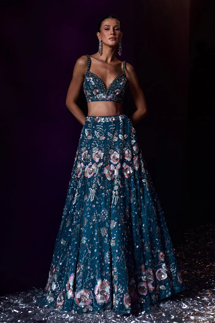 Peacock Blue Net Lehenga Set - Image 2