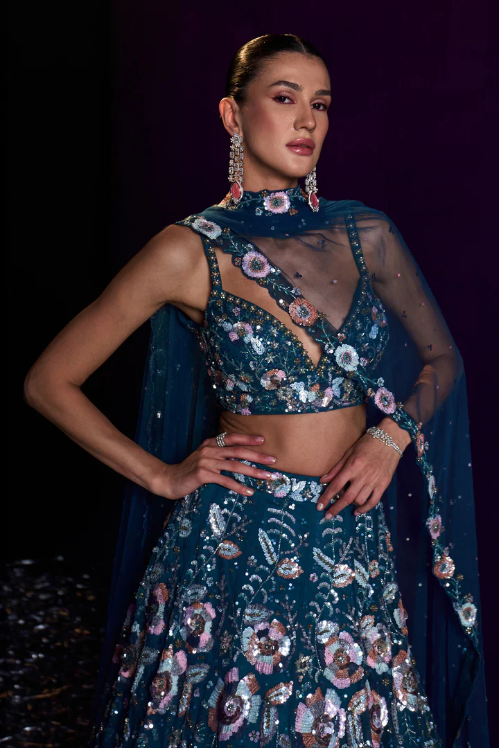 Peacock Blue Net Lehenga Set - Image 3