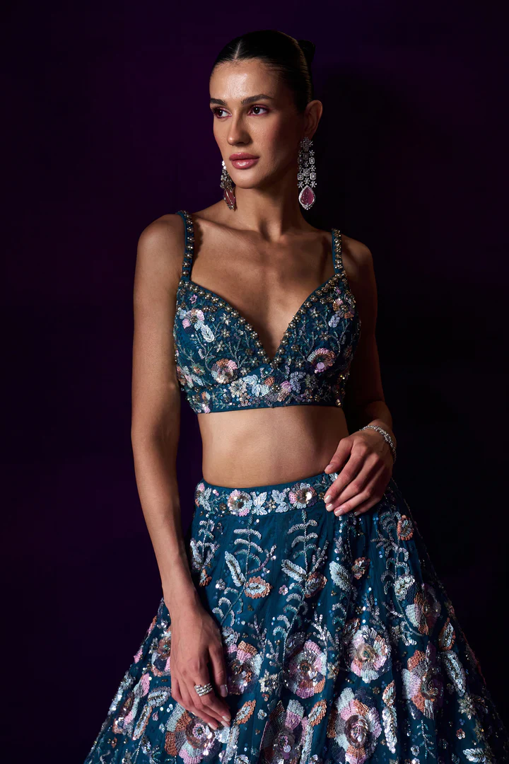 Peacock Blue Net Lehenga Set - Image 4