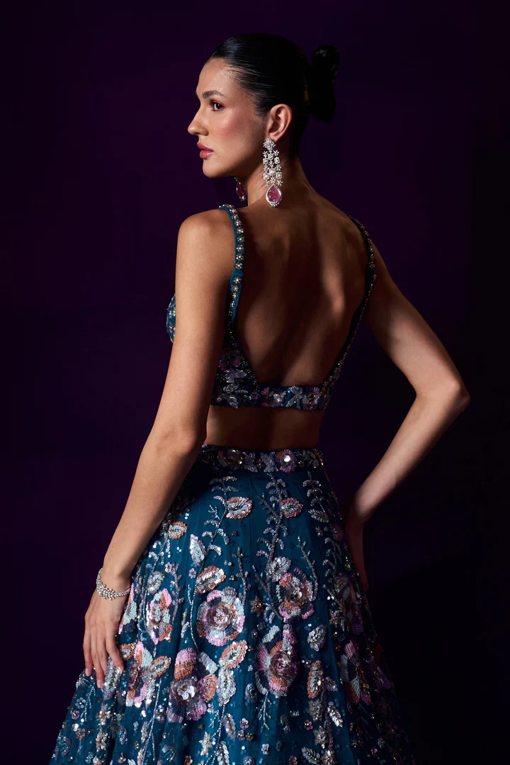 Peacock Blue Net Lehenga Set - Image 5