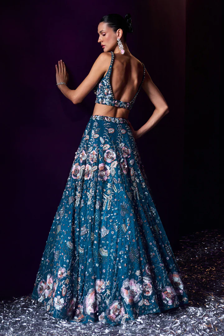 Peacock Blue Net Lehenga Set - Image 6