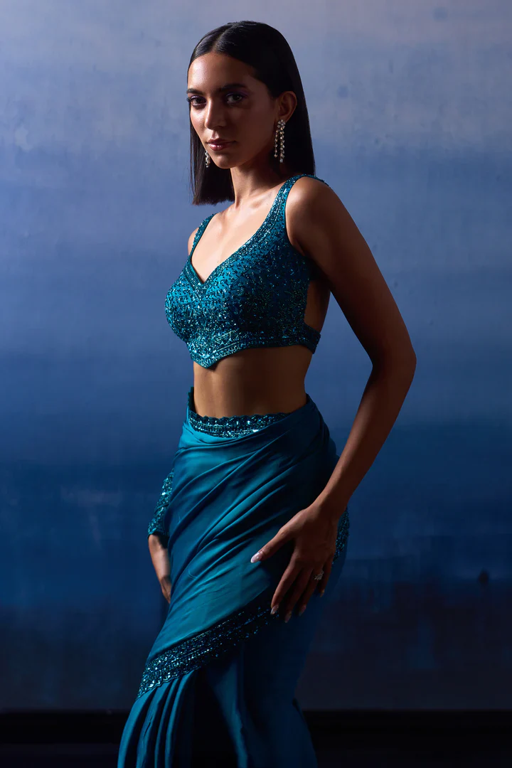Peacock Blue Satin Saree - Image 2