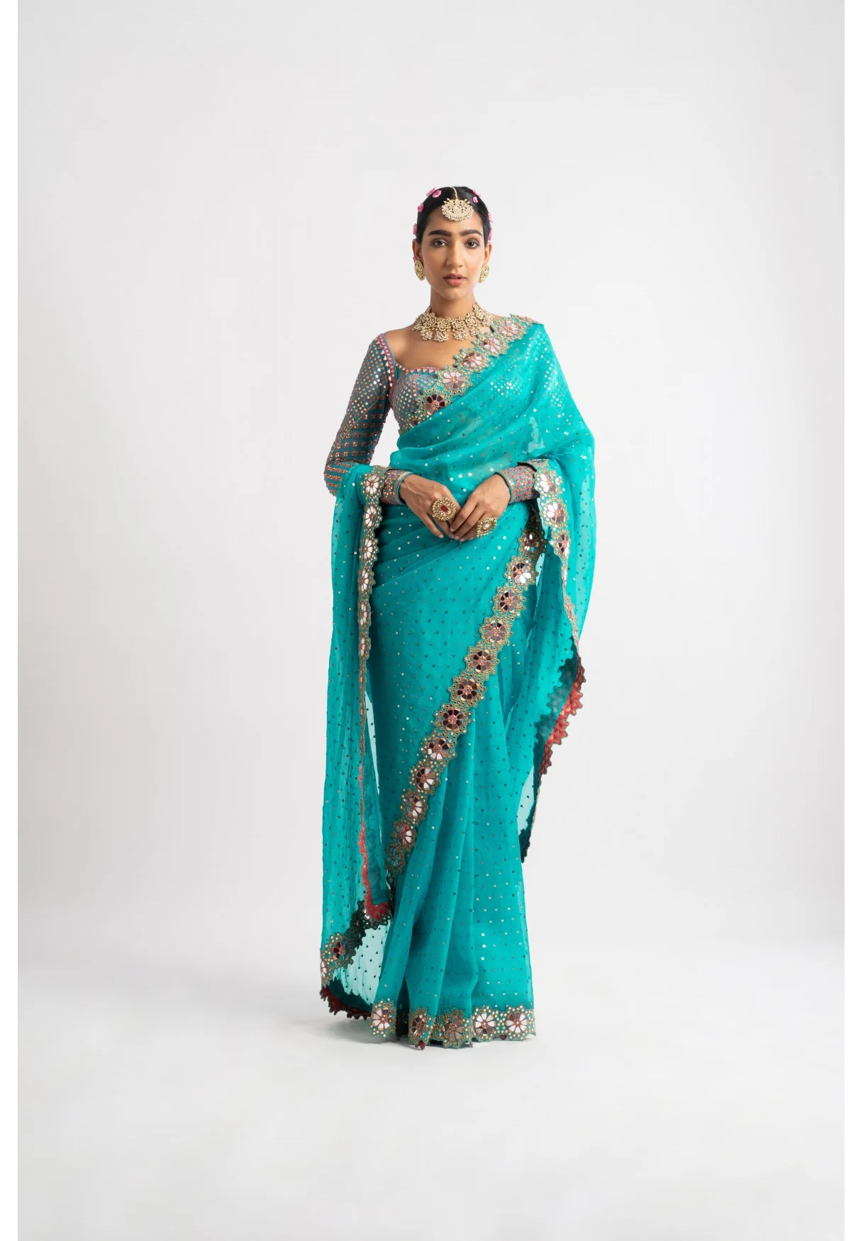 Peacock Green Hand Cut Mirror Border Saree Set