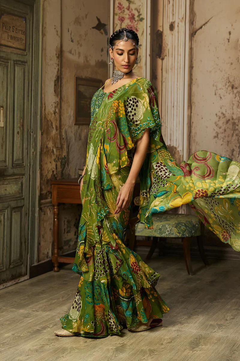 Pear Green Printed And Highlighted Ruffle Skirt Saree Set - Image 2