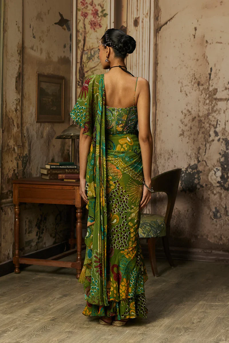 Pear Green Printed And Highlighted Ruffle Skirt Saree Set - Image 5