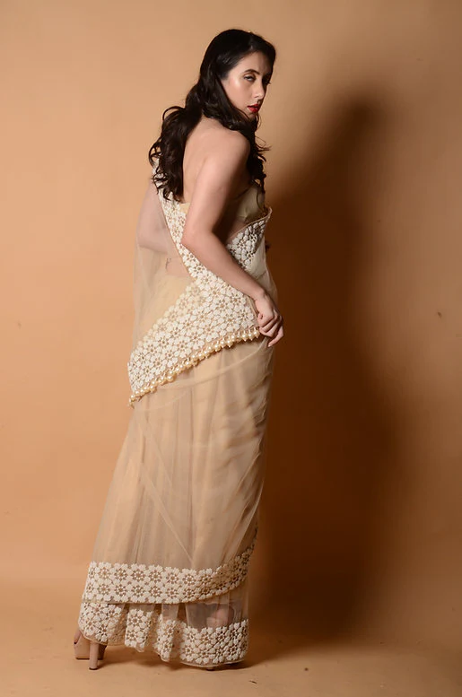 Pearl Encrusted Beige Saree - Image 3