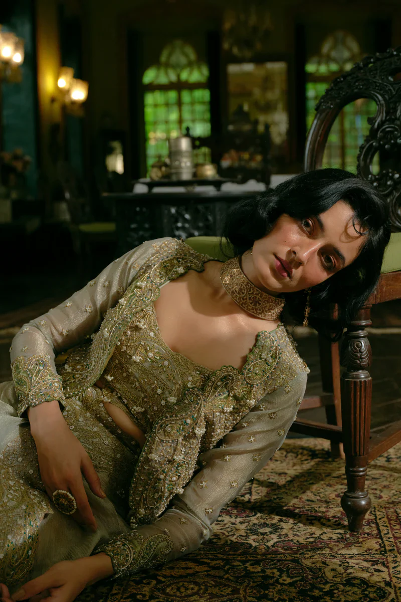 Pearl Gold Silk Zari Tissue Draped Skirt and Croped Jacket - Image 4