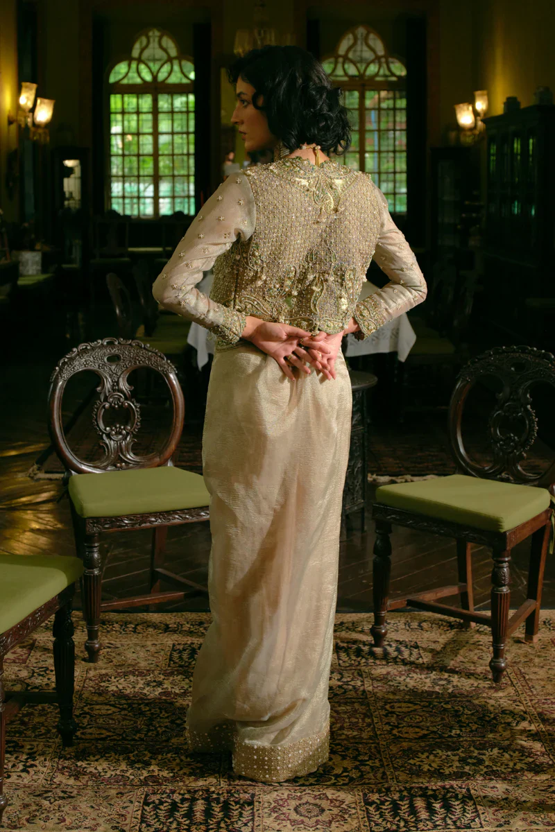 Pearl Gold Silk Zari Tissue Draped Skirt and Croped Jacket - Image 5