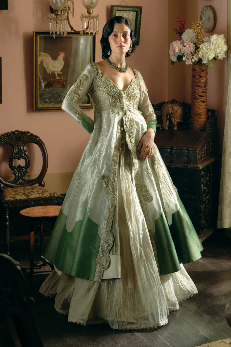 Pearl Gold Silk Zari Tissue Jacket With Skirt Set