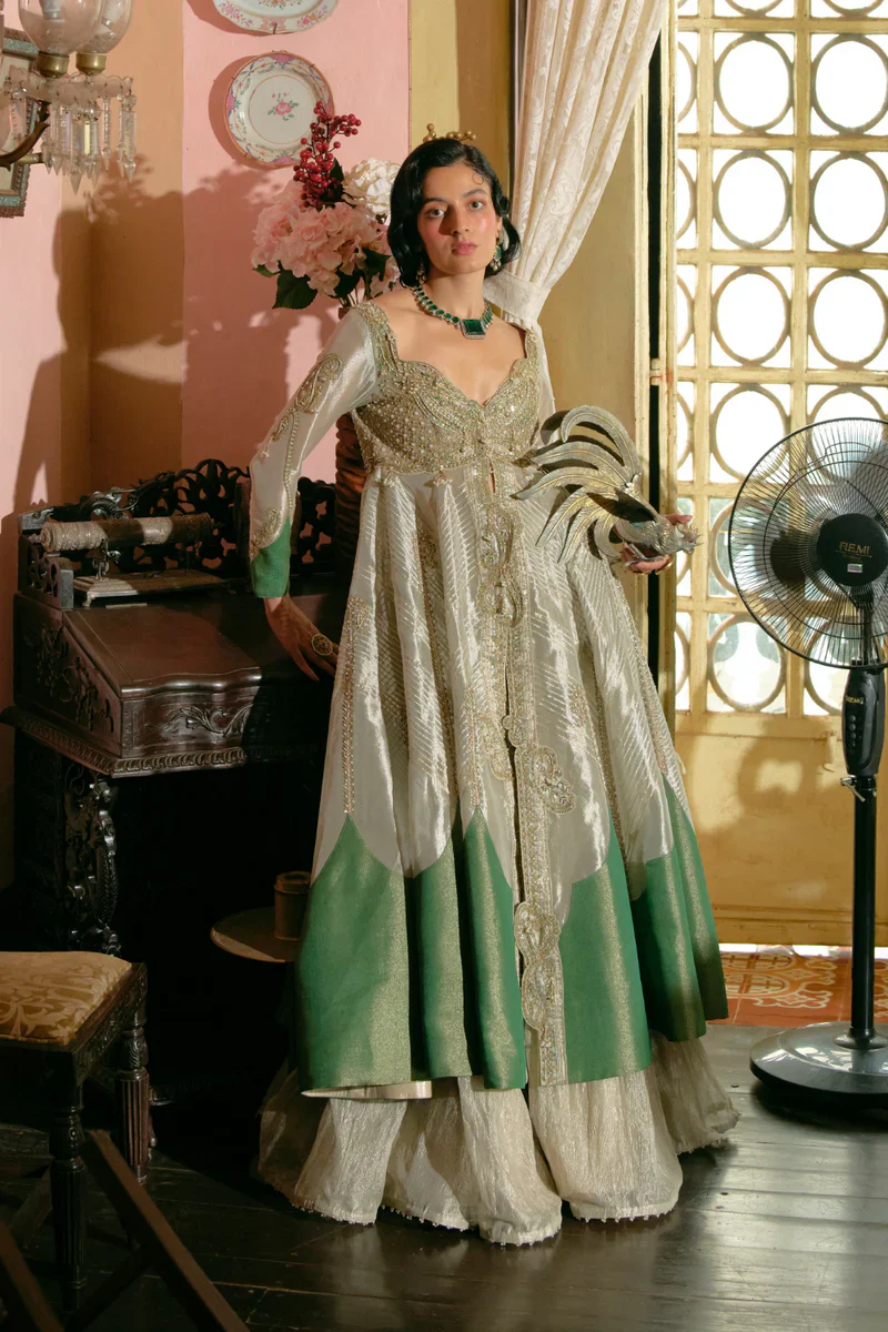 Pearl Gold Silk Zari Tissue Jacket With Skirt Set - Image 3