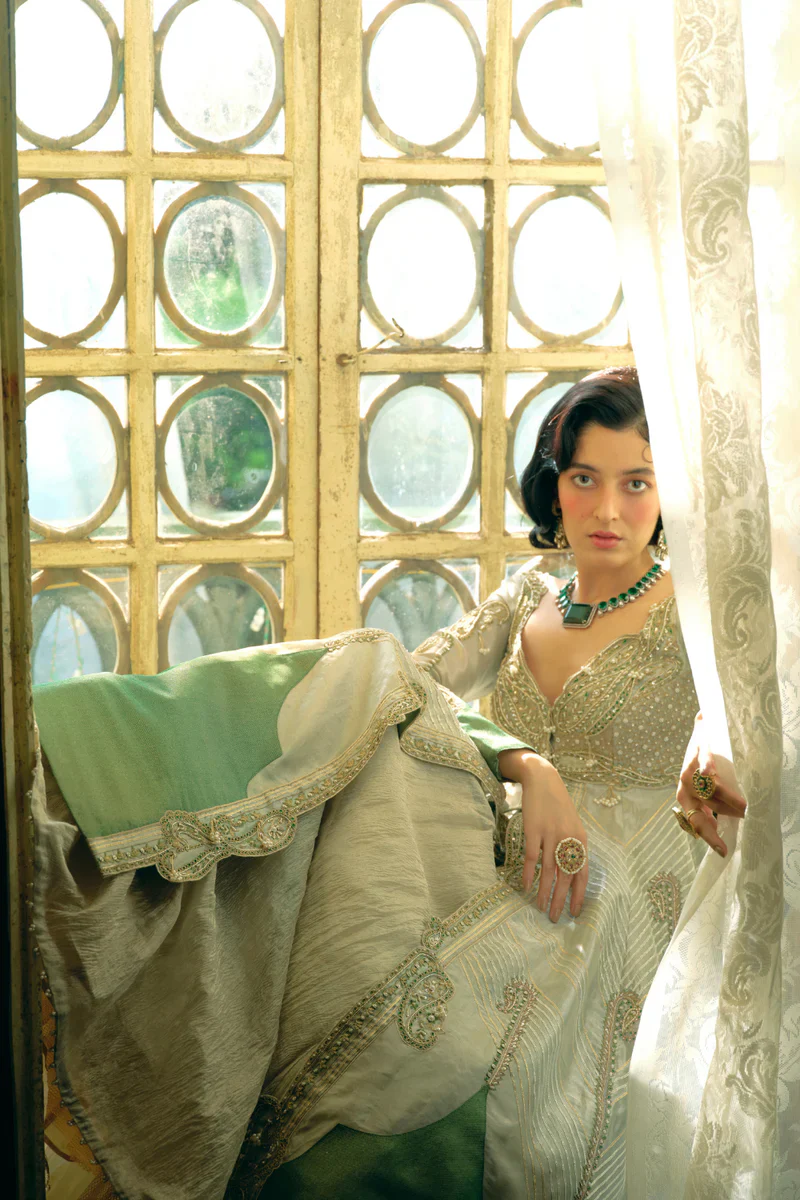 Pearl Gold Silk Zari Tissue Jacket With Skirt Set - Image 4