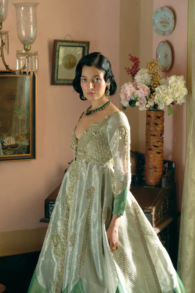 Pearl Gold Silk Zari Tissue Jacket With Skirt Set - Image 5
