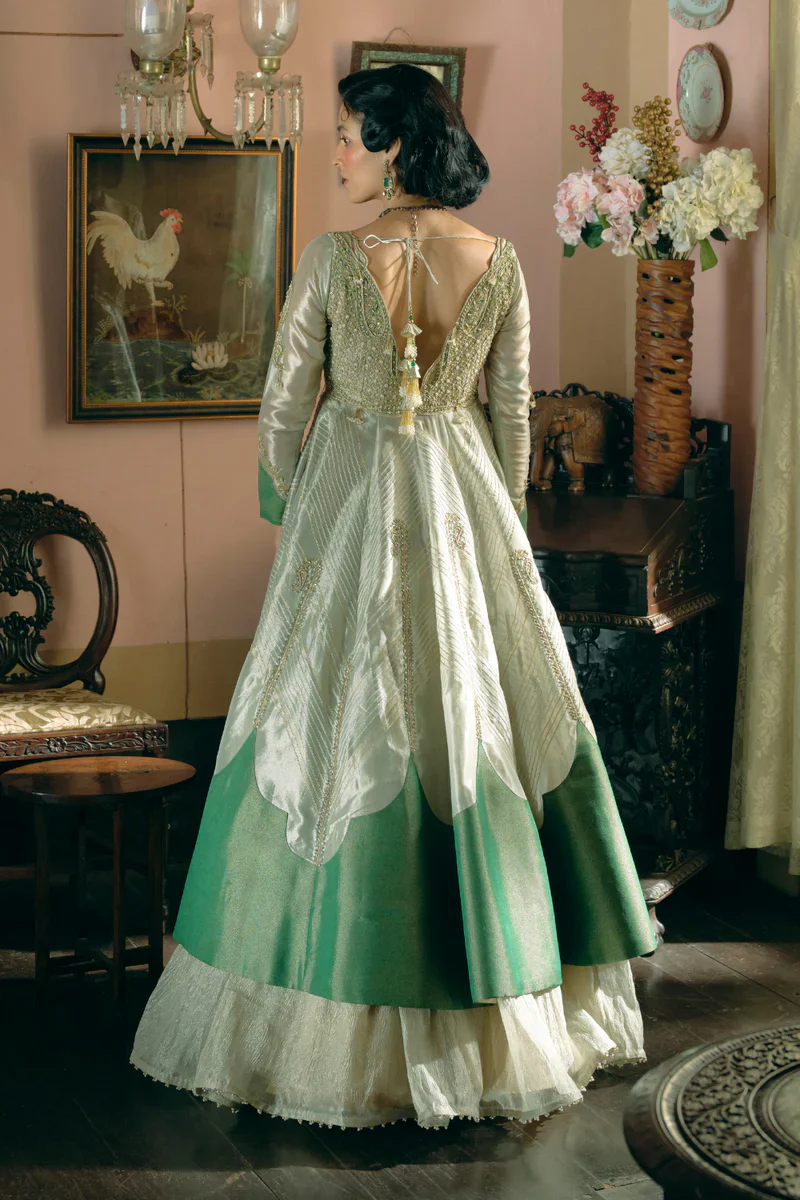 Pearl Gold Silk Zari Tissue Jacket With Skirt Set - Image 6