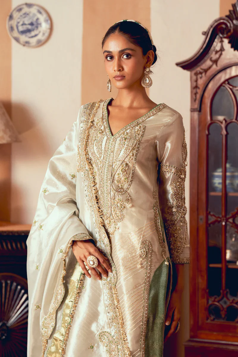 Pearl Gold Silk Zari Tissue Kurta Set With Dupatta - Image 2