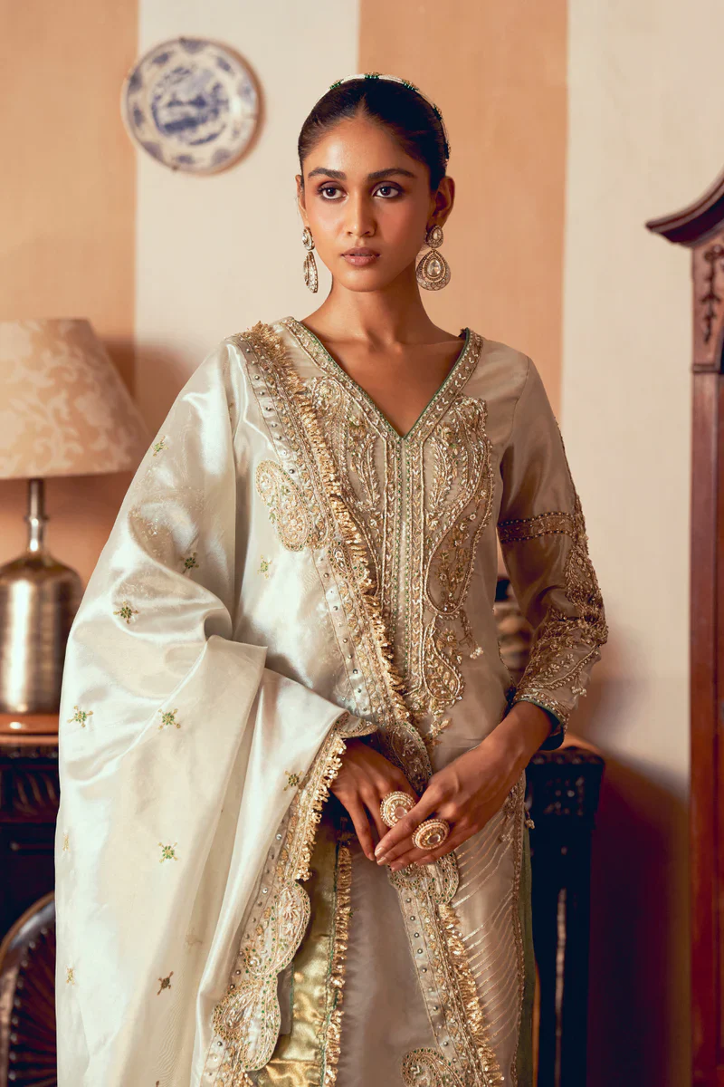 Pearl Gold Silk Zari Tissue Kurta Set With Dupatta - Image 3