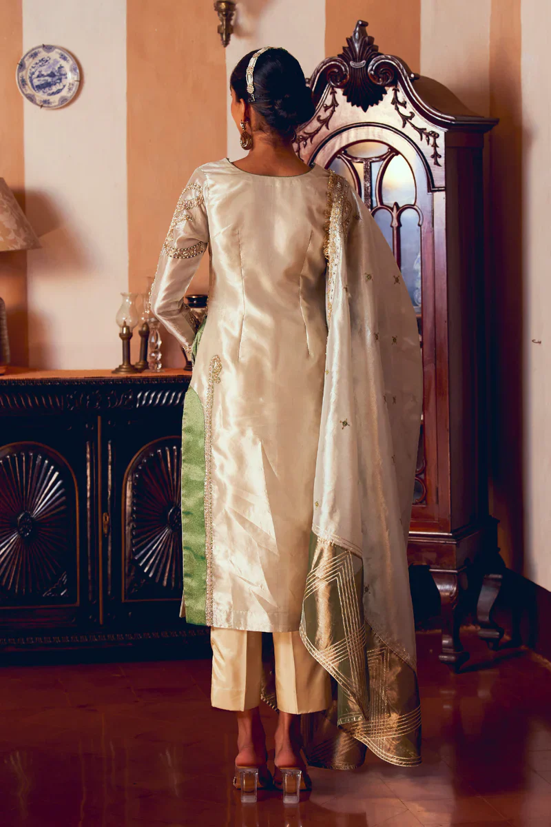 Pearl Gold Silk Zari Tissue Kurta Set With Dupatta - Image 5