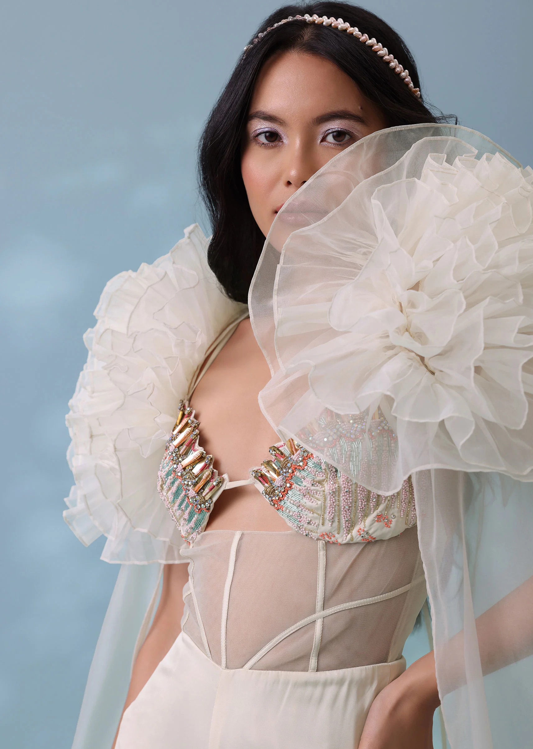 Pearl White Satin Indowestern Embroidered Jumpsuit With Net Shrug - Image 4