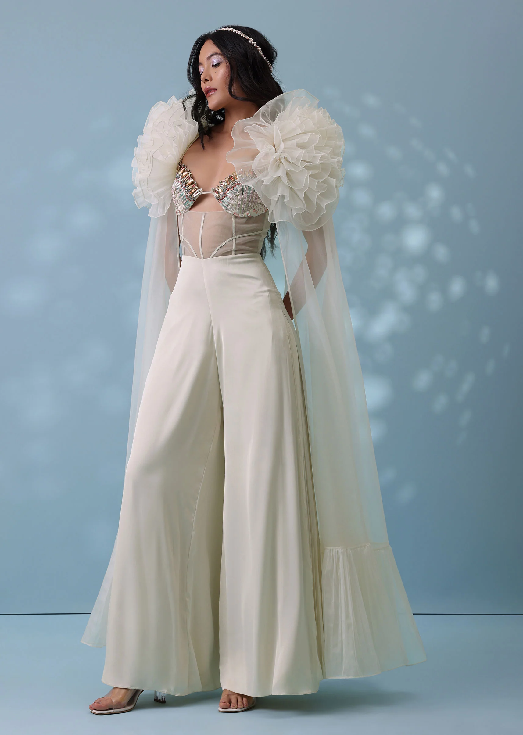 Pearl White Satin Indowestern Embroidered Jumpsuit With Net Shrug - Image 5