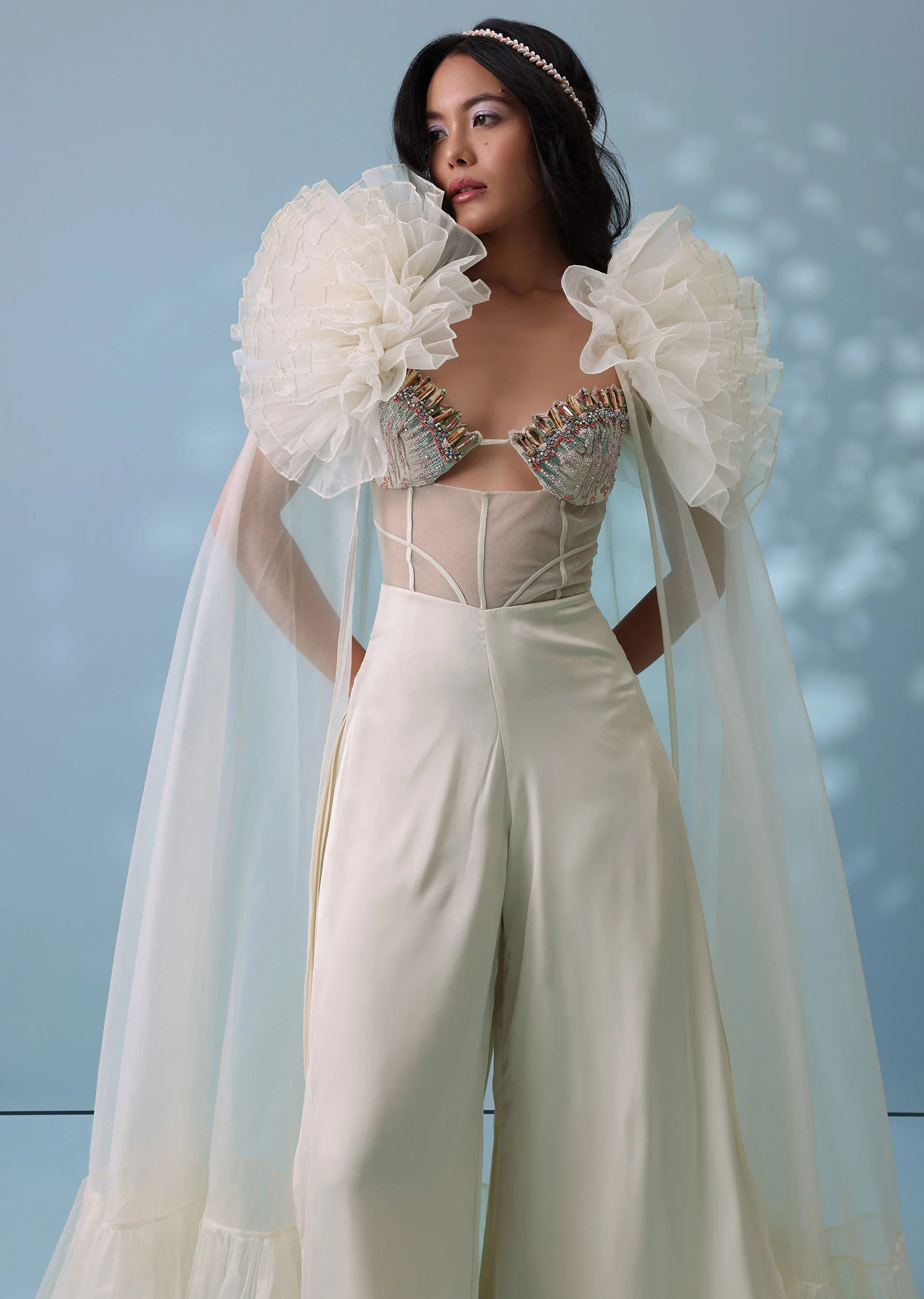 Pearl White Satin Indowestern Embroidered Jumpsuit With Net Shrug - Image 6