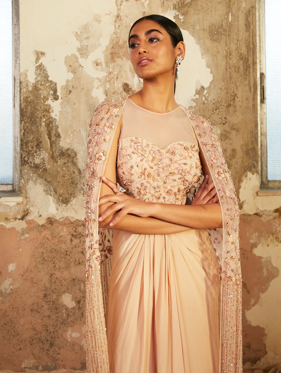 PEARLA - Beige Draped Cut Out Gown - Image 4