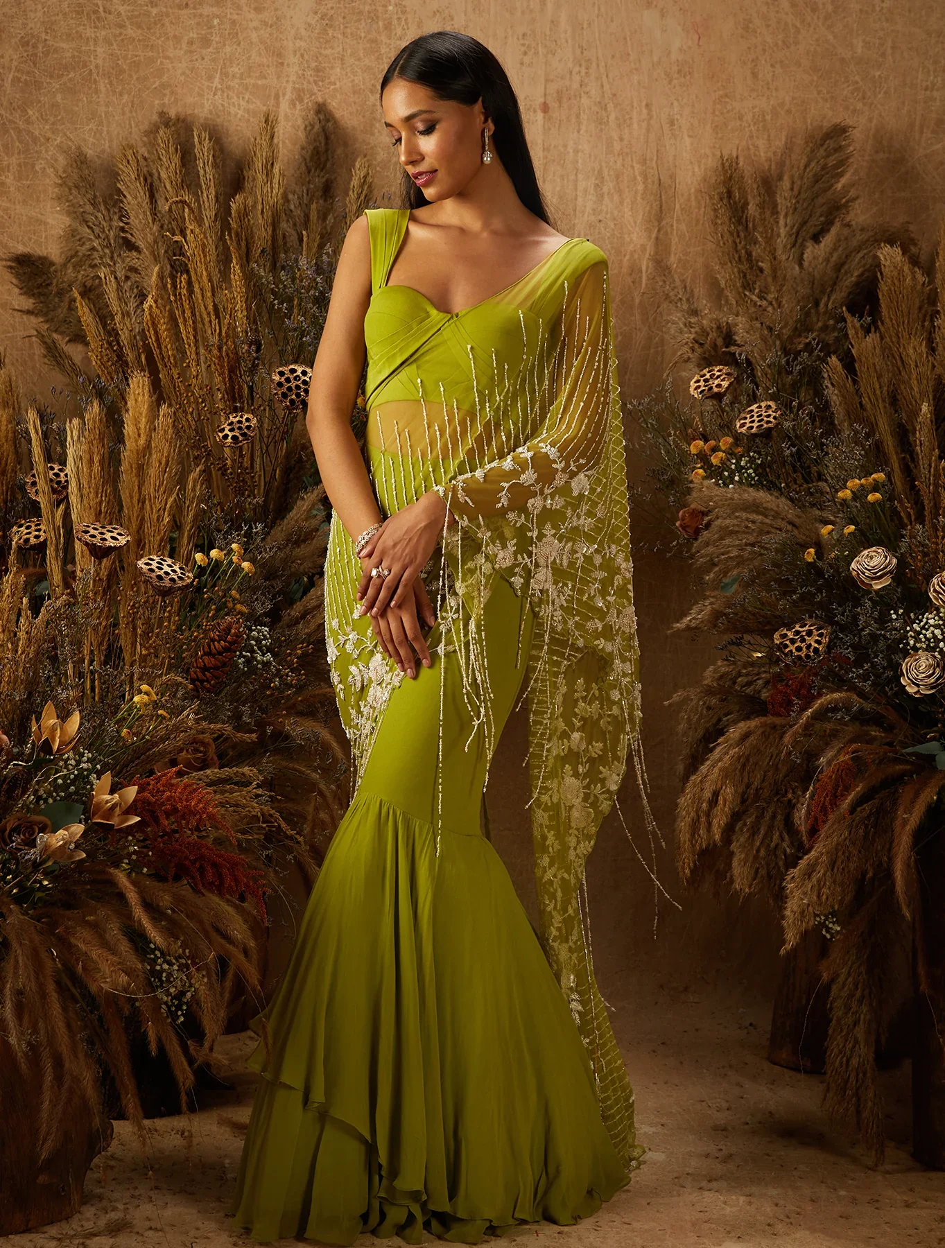 PERI - Light Green Layered Fishtail Crepe Skirt - Image 3