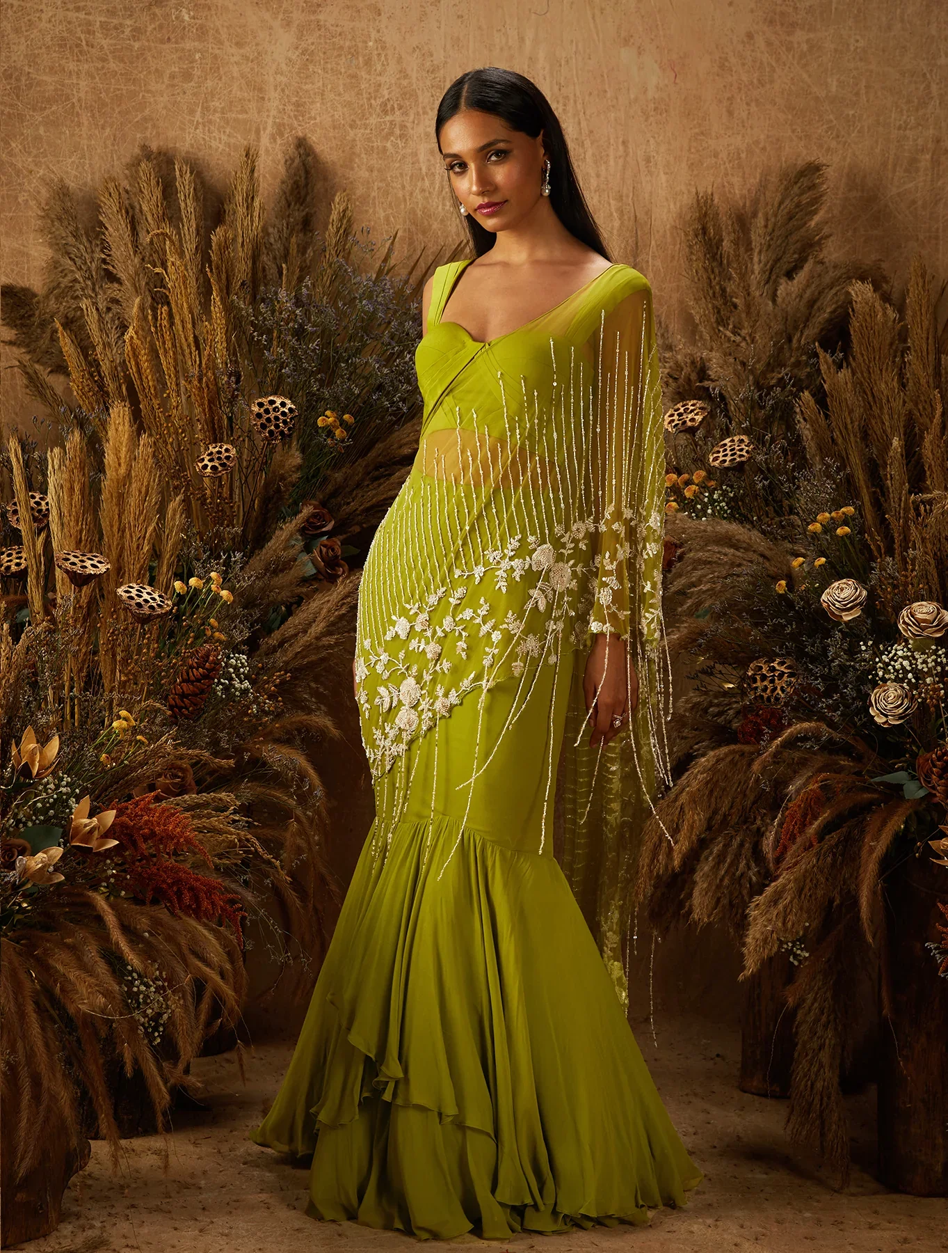PERI - Light Green Layered Fishtail Crepe Skirt - Image 4