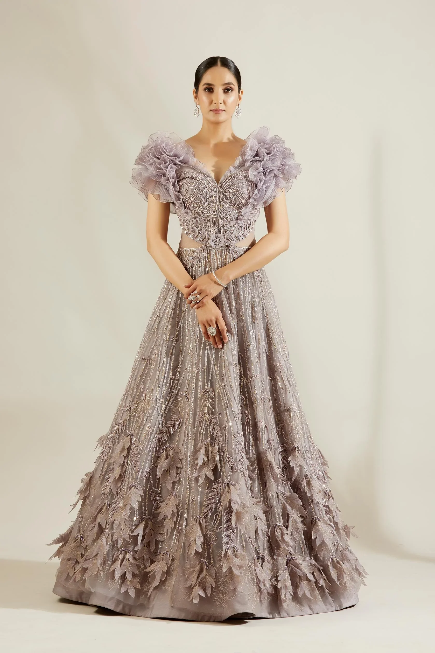 Peri Winkle Leaf Ruffle Ball Gown