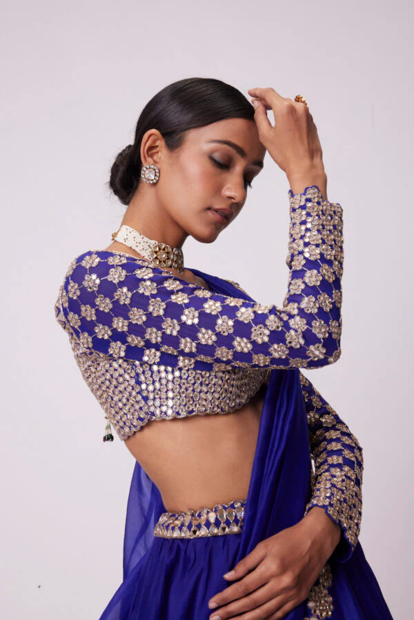 Persian Blue Hand Embroidered Lehenga Set - Image 3