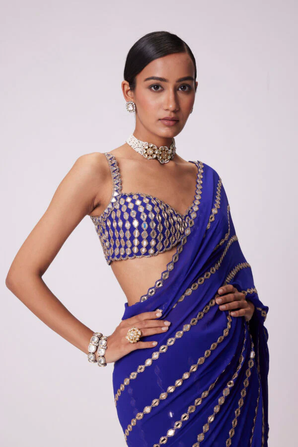 Persian Blue Linear Embroidery Georgette Saree Set - Image 2