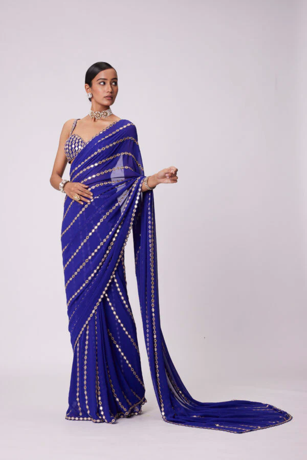 Persian Blue Linear Embroidery Georgette Saree Set - Image 3