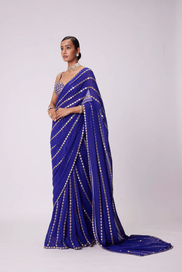 Persian Blue Linear Embroidery Georgette Saree Set - Image 4
