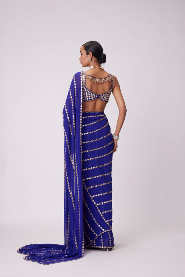 Persian Blue Linear Embroidery Georgette Saree Set - Image 5