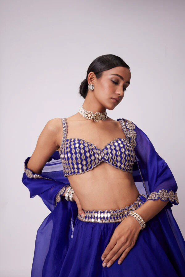 Persian Blue Linear Mirror Embroidered Lehenga Set - Image 2