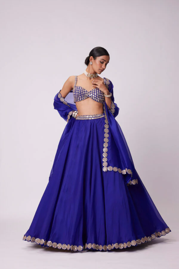 Persian Blue Linear Mirror Embroidered Lehenga Set - Image 4