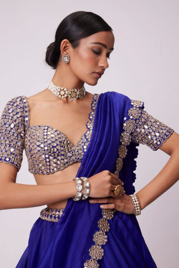 Persian Blue Organza Hand Embroidered Lehenga Set - Image 2
