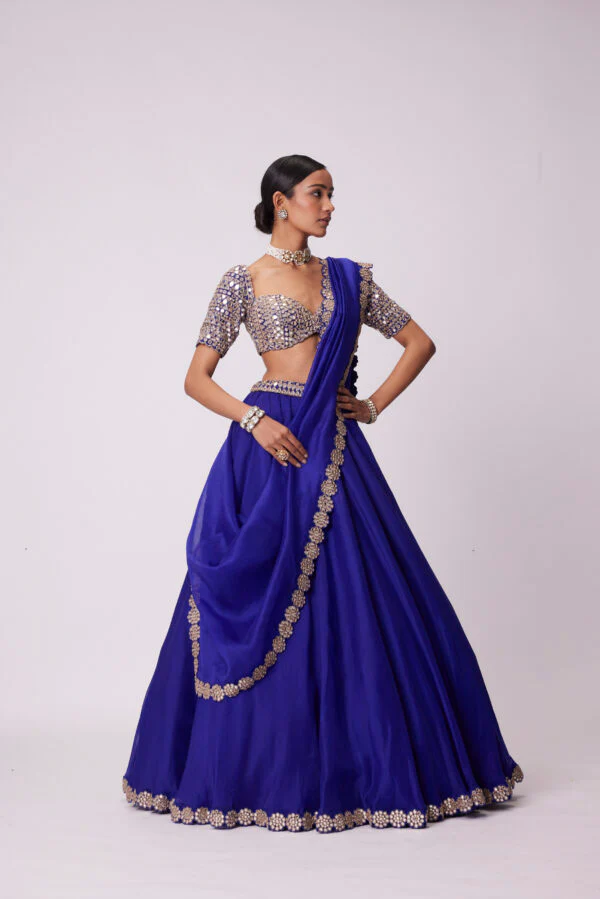 Persian Blue Organza Hand Embroidered Lehenga Set - Image 3