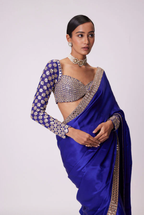 Persian Blue Satin Saree Set - Image 2