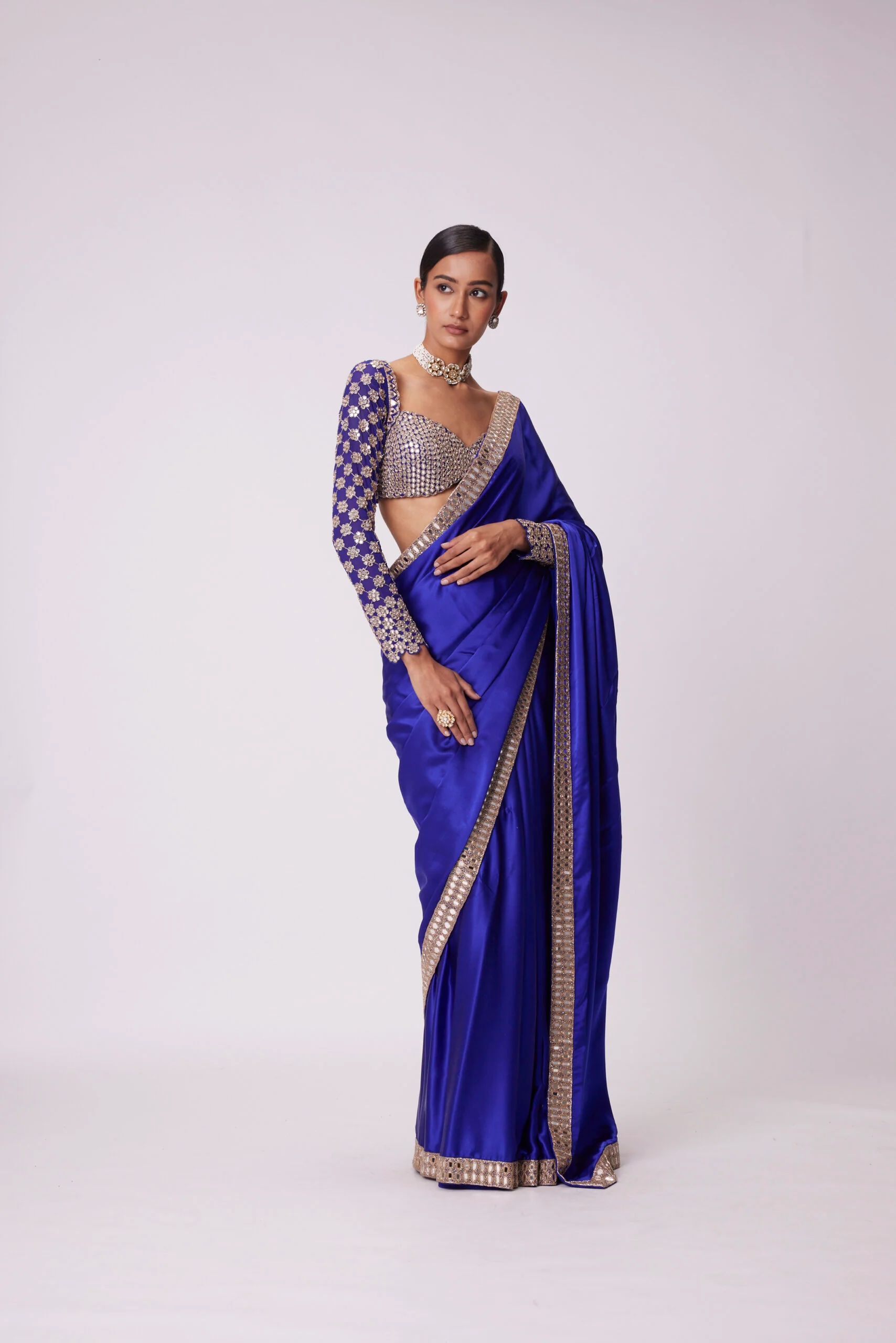 Persian Blue Satin Saree Set - Image 3