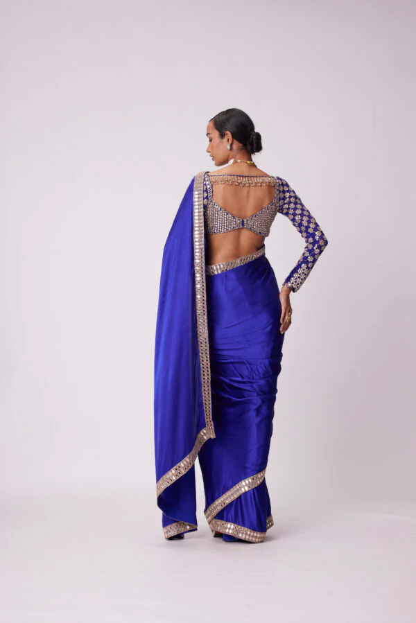 Persian Blue Satin Saree Set - Image 4