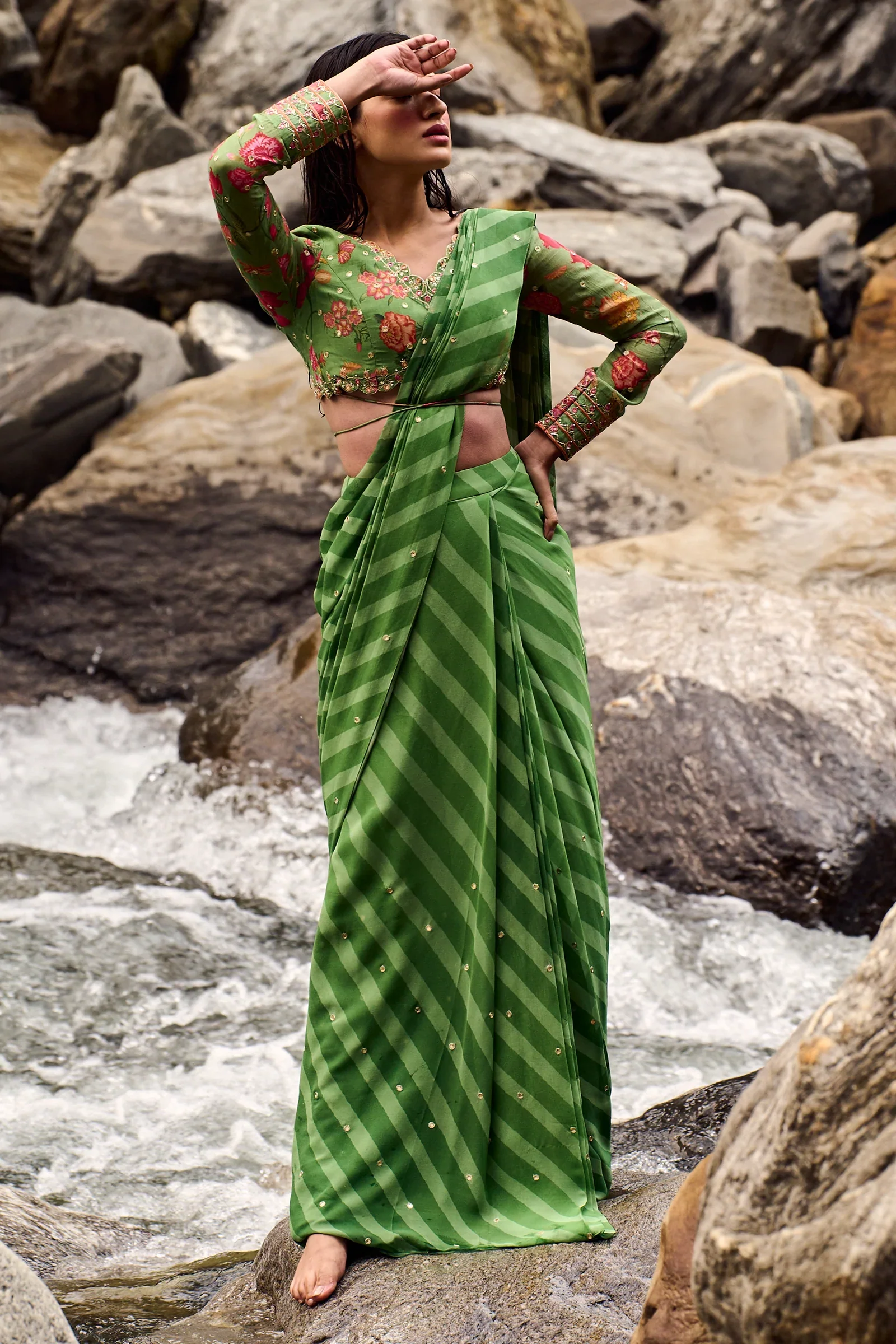 Fern Green Leheriya Print Pre-Draped Saree Set